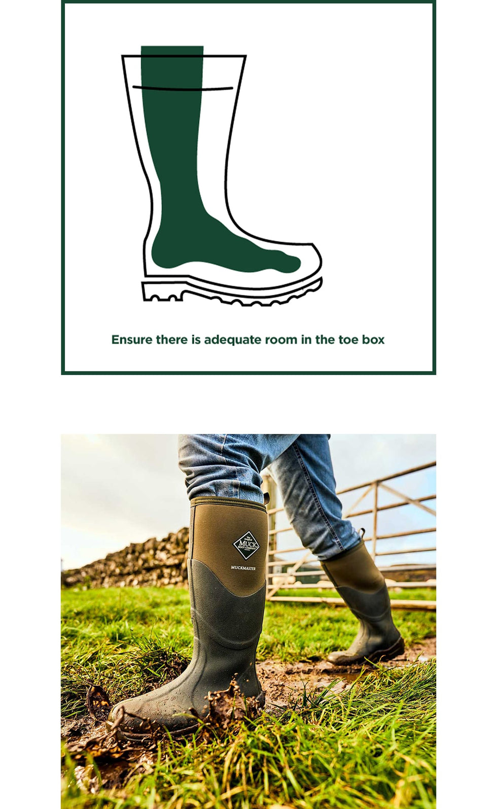 Illustration of a foot inside a wellington boot with the text 'Ensure there is adequate room in the toe box' below. 
Close up of a person walking away from a dry stone wall and metal gate, through a muddy field, wearing a pair of Muck Boots Muckmaster Wellingtons