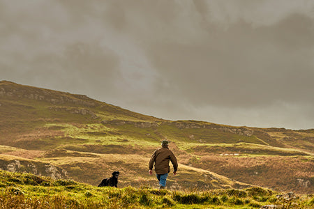 Man and black labrador walking through moorland with the sun breaking through the clouds