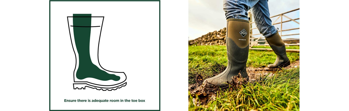 Illustration of a foot inside a wellington boot with the text 'Ensure there is adequate room in the toe box' below. 
Close up of a person walking away from a dry stone wall and metal gate, through a muddy field, wearing a pair of Muck Boots Muckmaster Wellingtons