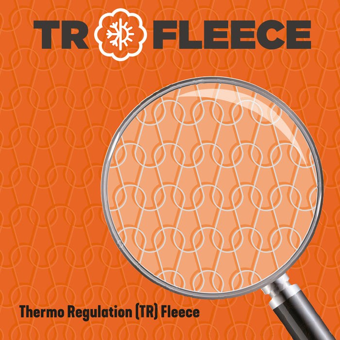 A magnifying glass looking at a wavy pattern with a TR Fleece logo at the top