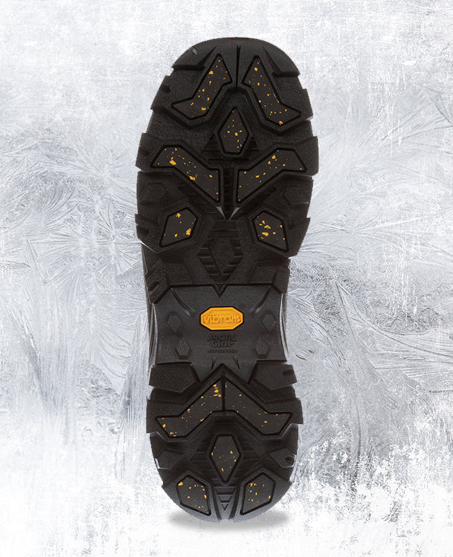 A Muck Boots Arctic Ice outsole with an icy texture behind