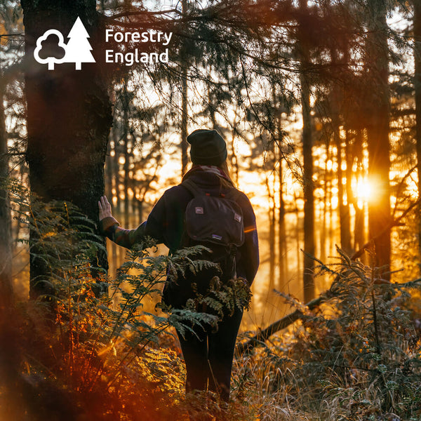 Woman stood in a forest, touching a tree and wearing a backpack and beanie hat at sunset.
