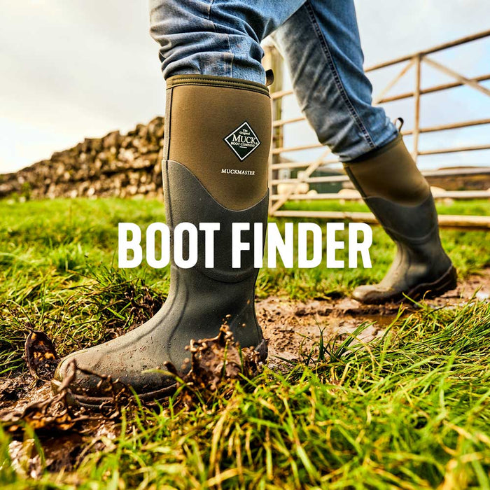 Person wearing a pair of Muck Boots, walking through a muddy field with a metal gate and stone wall behind