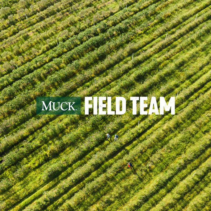 .Muck Field Team logo on top of a drone view of a field with people in 
