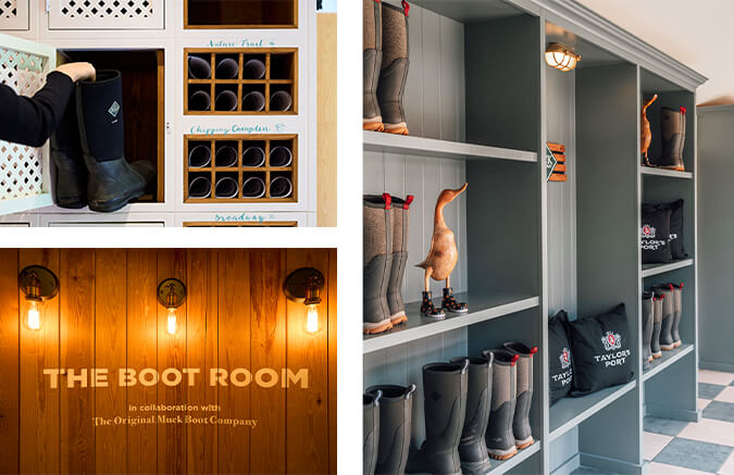A selection of footwear storage in hotels featuring Muck Boots wellingtons.