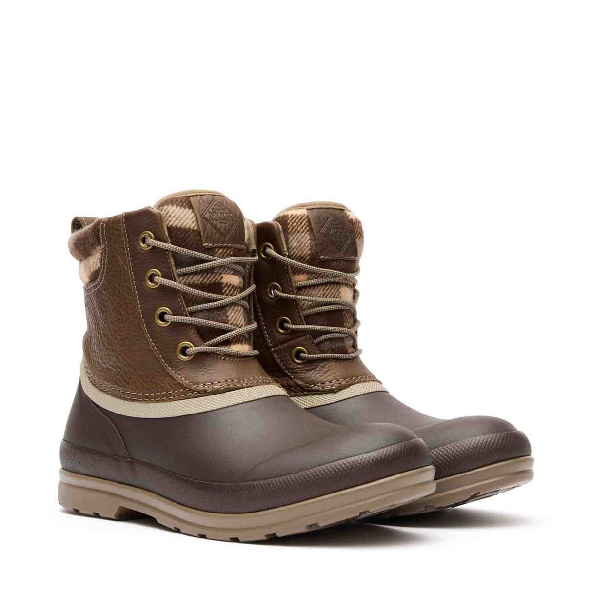 Women's Muck Originals Duck Lace-Up Leather Short Boots Walnut Plaid Print