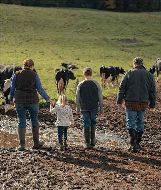 Family wearing Muck Boot wellingtons, out in a muddy field with cows