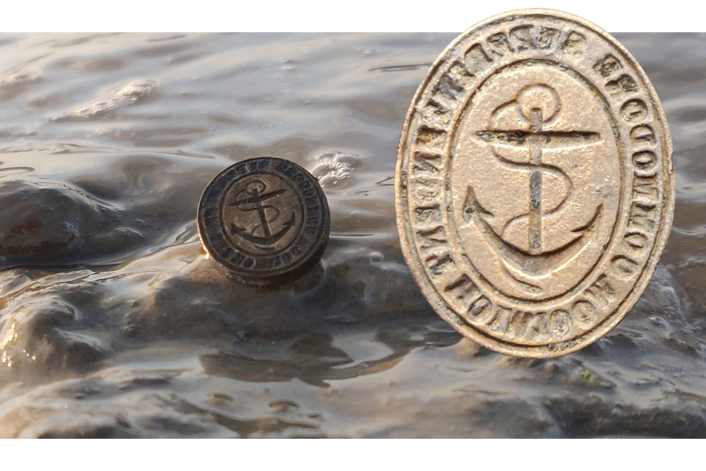 A 19th Century wax seal stamp washing up onshore with a clean image of the stamp beside it