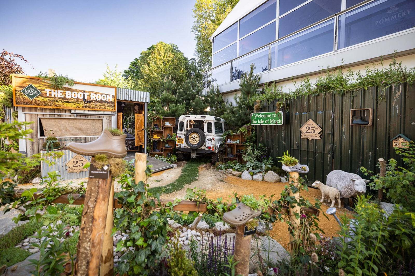 Image taking in the whole view of the Muck Boot stand at the Chelsea Flower Show 2024