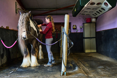 A woman putting saddle straps on a horse in a stable, wearing a pair of Muck Boots Wear ankle boots