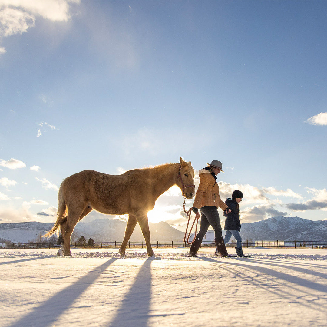 Woman and child walking a horse through a bright, snowy winter landscape.