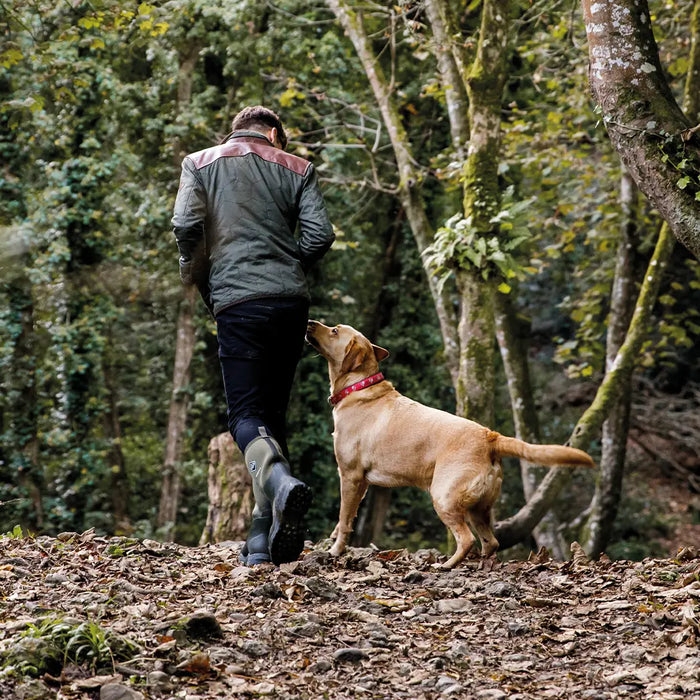 A man wearing a pair of Muck Boots wellingtons, walking through a woodland with a dog.