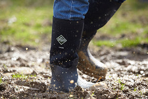 Person wearing a pair of Muck Boot wellingtons in muddy conditions