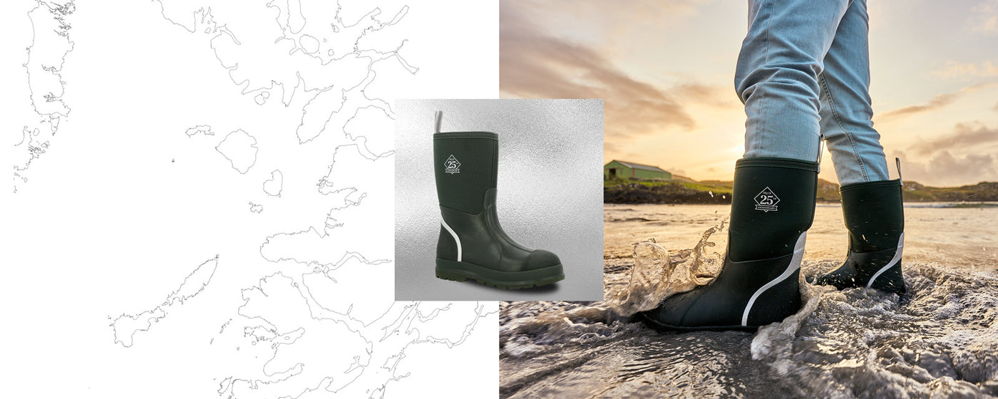Collage of images including a map of Scottish islands on a white background, a Muck Boots 25th Anniversary wellington boot with a shiny silver texture behind, a person wearing a pair of Muck Boots 25th Anniversary wellington boots, splashing in coastal water