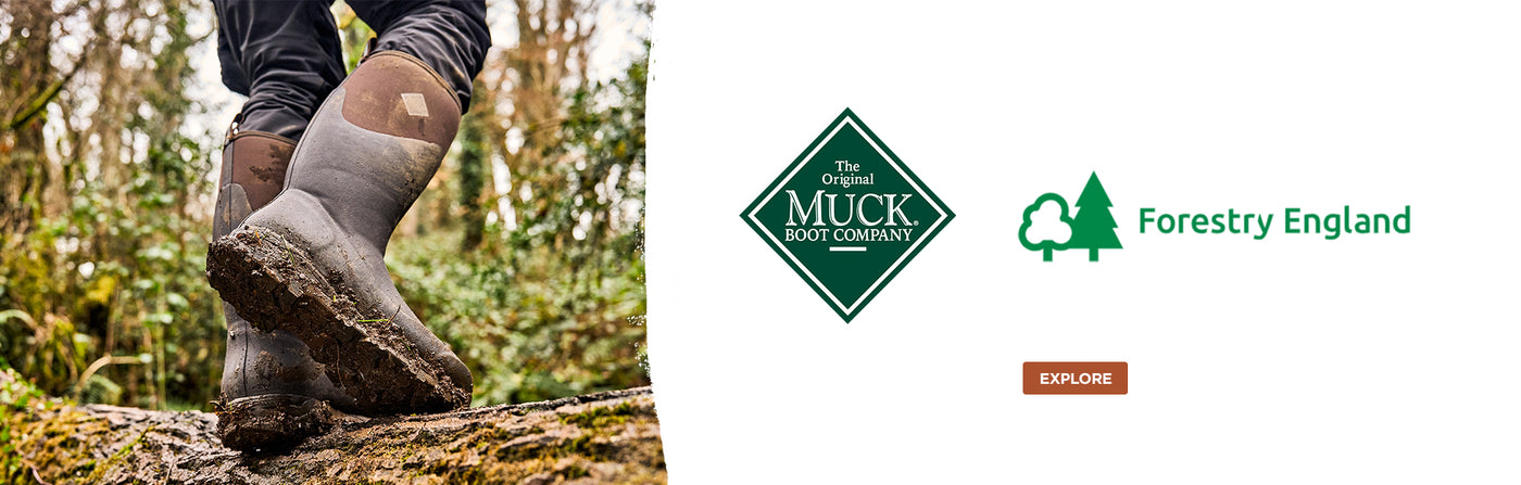The Original MUCK BOOT COMPANY and Forestry England logos. EXPLORE button