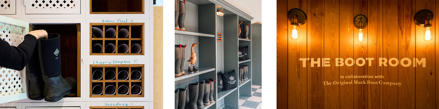 A selection of footwear storage in hotels featuring Muck Boots wellingtons.