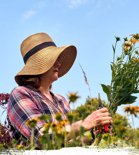 A woman wearing a summer hat, holding a bunch of yellow flowers and pruners in a meadow.