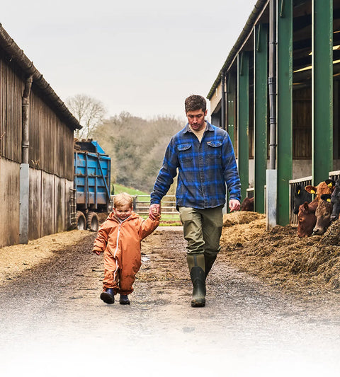 Man and young boy wearing Muck Boots wellingtons walking through a farm yard with cows.