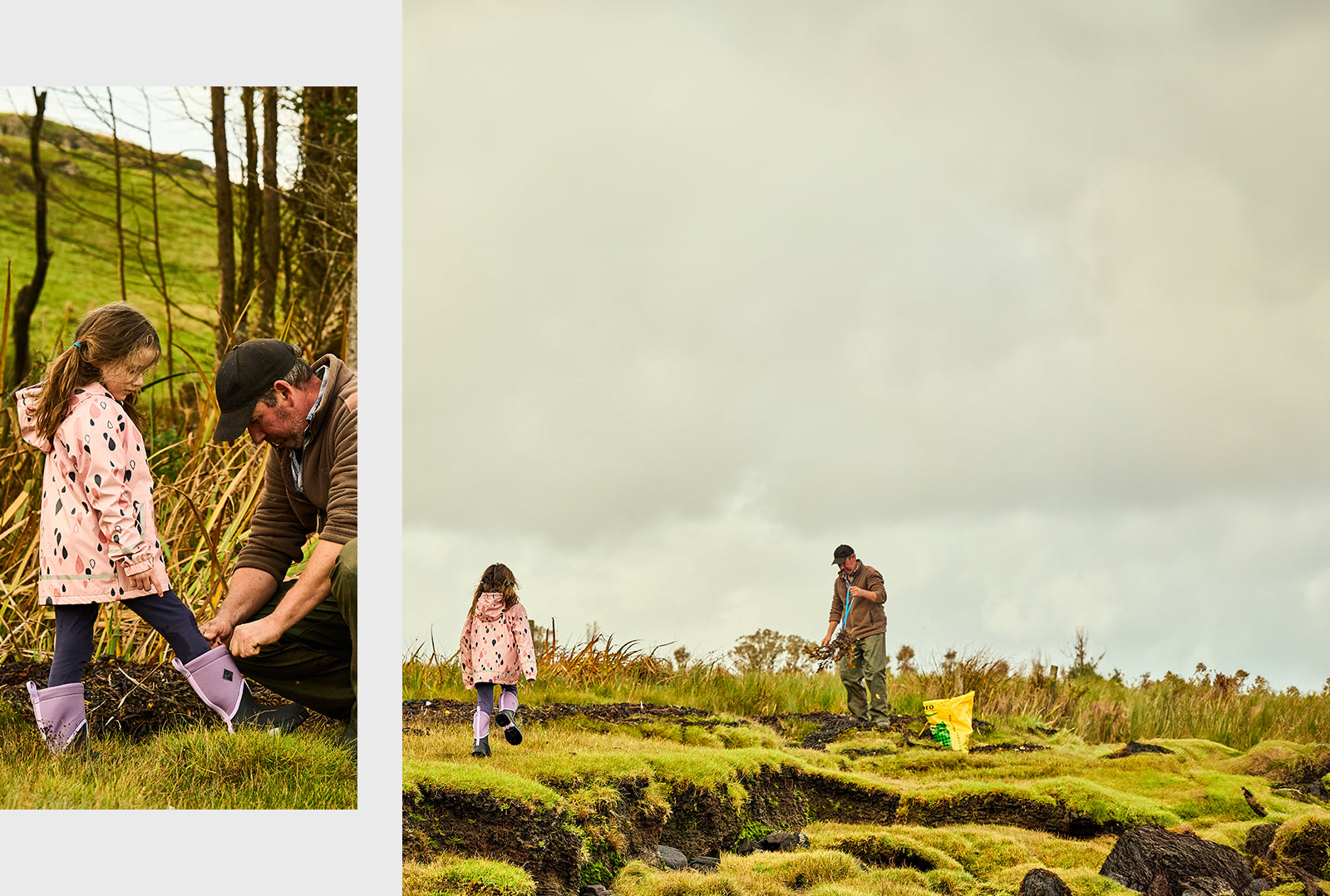 Main image of Sandy bringing up debris from a boggy ground with his daughter walking towards him, wearing a pink jacket and pair of Muck Boot wellingtons. Inset Sandy is helping his daughter put her foot in a Muck Boot wellington.