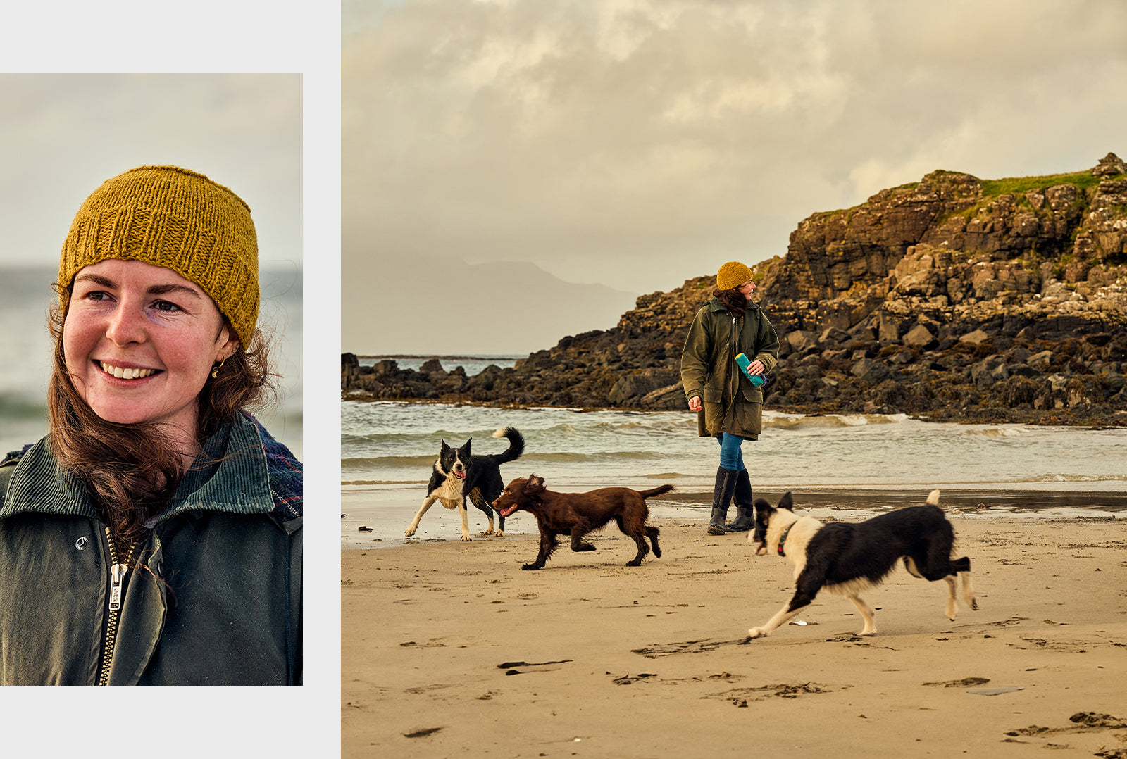 Main image of Phoebe walking along a beach with her dogs with the tide and  a small rocky cliff behind her. Inset is a head portrait of Phoebe, wearing a yellow beanie hat
