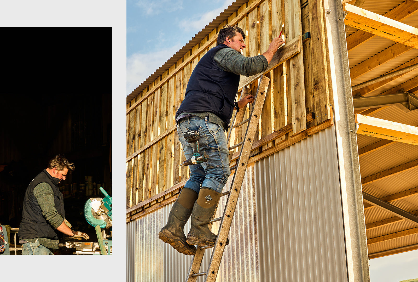 Main image of Colin Macewen wearing a pair of Muck Boots Muckmaster wellingtons, climbing up a ladder to add wooden panels to a farm building. Inset is Colin wearing a black gilet and olive green jumper and gloves, working on a lathe machine 