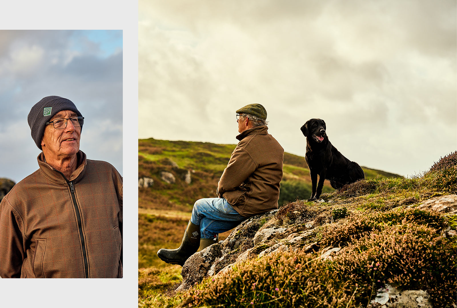 Main image of Muck islander Dave wearing a pair of Muck Boots, sat on a rock in moorland with his black Labrador behind him. Inset is Dave wearing a brown fleece and Muck Boot beanie hat  