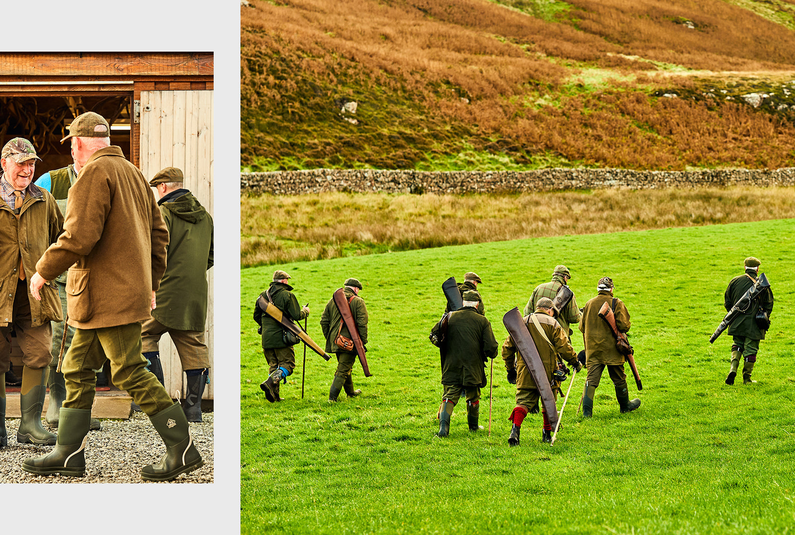 Main image of the Aberdeen Lads hunting club walking through a field with moorland in he background. Inset is a few of the Aberdeen Lads socialising outside a building, all wearing Muck Boot wellingtons